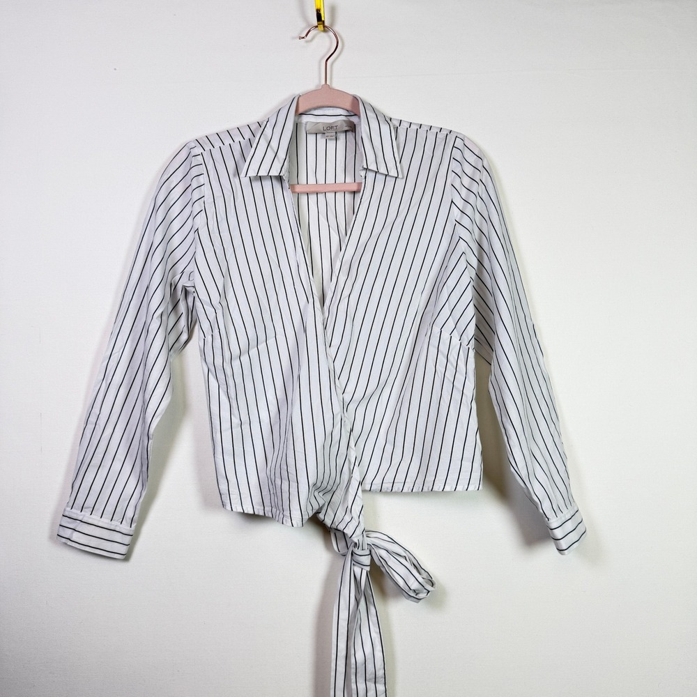 LOFT White Black Pinstripe Side Tie Wrap Blouse MP